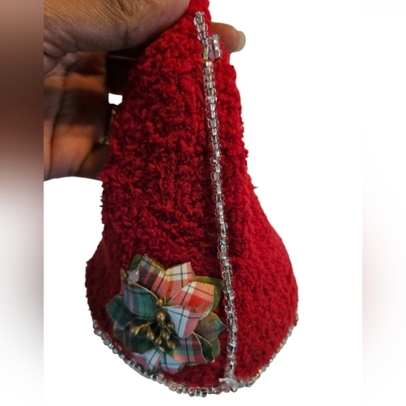 Handmade Glass Ornament Hand Painted Iridescent glitter Upcycled red sock hat - Picture 6 of 17